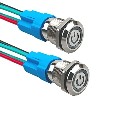 Imagen de Aiqeer 2 Piezas 12 mm Interruptores de Botón Autoblocante, 12V / 24V 3A Interruptor LED Blanco, Pulsador Metálico Impermeable, con Enchufe Precableado