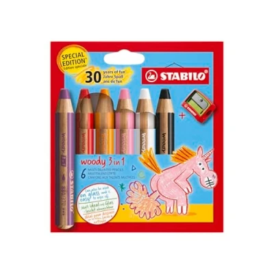 Imagen de STABILO Lápiz de color, acuarela y cera woody 3 en 1 Edición 30 aniversario Unicornio Estuche con 6 colores sacapuntas