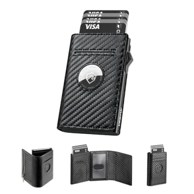 Imagen de YESIIW Carteras para Hombre Apple AirTag, AirTag Billetera de Cuero con Bloqueo RFID, Tarjetero Desplegable Bolsillo Monedas y Clip Dinero, Regalos Hombres, Fibra Carbono