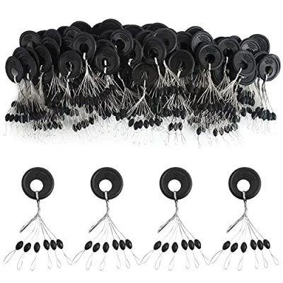 Imagen de VIPMOON 100 Grupos 6 en 1 Tapones de Pesca Cuerda 600pcs Goma Tapón Flotador Elíptica Frijoles Espaciales Corcho para Aparejos Línea Negro M