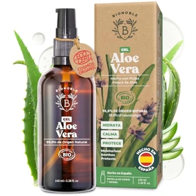 Imagen de Bionoble Gel de Aloe Vera Orgánico 100ml Hecho con Pulpa Fresca 100% Puro y Lavanda Sin Xantano Rostro, Contorno Ojos, Cuerpo, Cabello Botella vidrio + Bomba