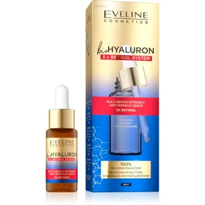 Imagen de EVELINE COSMETICS Biohyaluron 3x Retinol System Suero facial multireparador Antienvejecimiento Reduce las arrugas Fórmula vegana 97% Composición natural para la noche 18 ml