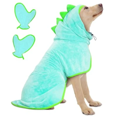 Imagen de Bibykivn Albornoz para Perros con Velcro, Perro de Microfibra Absorbente Dinosaurio, Secar Después del Baño y la Natación (L, Azul)