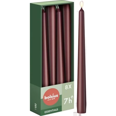 Imagen de Bolsius Velas de punta lisa Burdeos 8 unidades en caja decorativas para el hogar Tiempo combustión 7 horas Sin perfume Natural aceite palma 24,5 cm