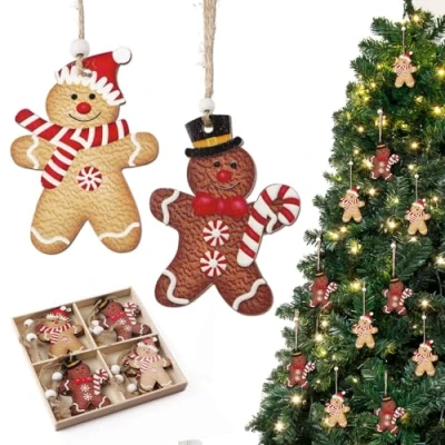 Imagen de 12pcs Adornos Madera Árbol de Navidad Hombre Jengibre 2 Estilos Colgantes Decoración Hogar Detalles Navideño para Niños