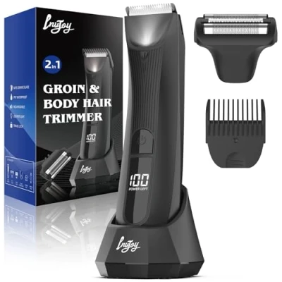 Imagen de INVJOY Peluquero corporal para hombres, recortador de vello púbico impermeable IPX7 con base recarga, hoja cerámica reemplazable, pantalla LED