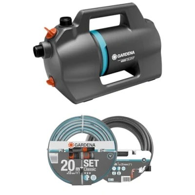 Imagen de Gardena bomba jardín 4100 Silent Set: riego silenciosa e innovadora con válvula succión 3,5 m y manguera Classic 20 m, caudal l/h, motor 550 W, impermeable, bajo consumo (9051 20)
