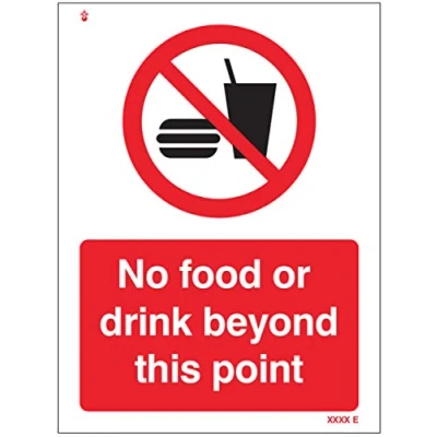 Imagen de Señal de seguridad rígida PVC con texto en inglés &quot;No food or Drink Beyond this point&quot;