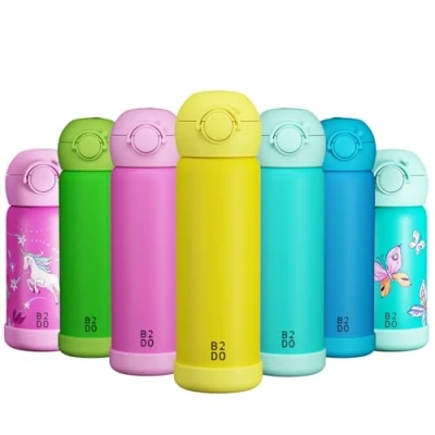 Imagen de B2DO Botella de agua acero inoxidable 316 con doble aislamiento 500 ml Yellow Termo para niños anti fugas el colegio pajita sin BPA