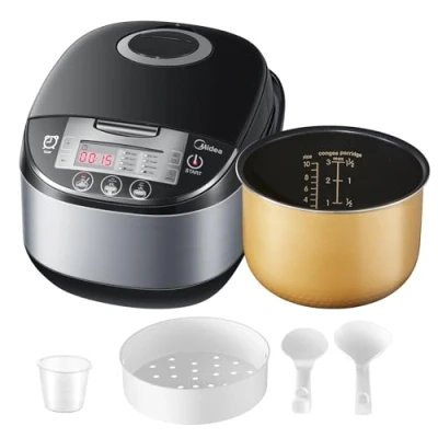 Imagen de Midea Olla Arrocera Multifuncional con Vaporera (10 Tazas, 1,8 Litros) 11 Funciones Multicocción, Pantalla LED, Calentador, Temporizador, Interior Extraíble Antiadherente (Negro)