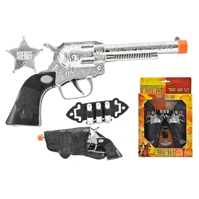 Imagen de Wild West Cowboy Sheriff juego de disfraces con cinturón dos pistolas, balas e insignia, rol para niños (juego 10 piezas vaquero salvaje oeste)