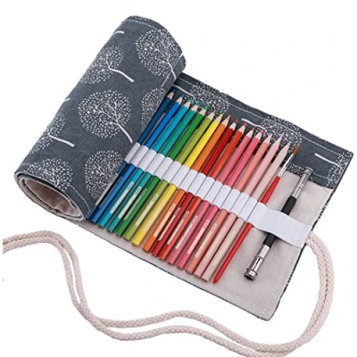 Imagen de Abaría Bolso para lápices, Grande Estuche Enrollable 72 lapices Colores, portalápices de Lona, Bolsa Organizador lápices Infantil Adulto, árbol Gris