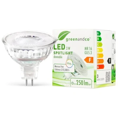 Imagen de greenandco Spot LED IRC 90+ regulable MR16 GU5.3, 3W 250lm 2700K (blanco cálido) 38 12V AC/DC