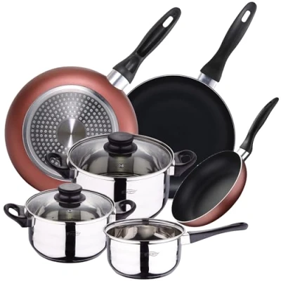 Imagen de Renberg Bateria de cocina 5 piezas San Ignacio acero inoxidable con juego sartenes (16,20,24 cm) en aluminio prensado aptas para induccion, PK3214