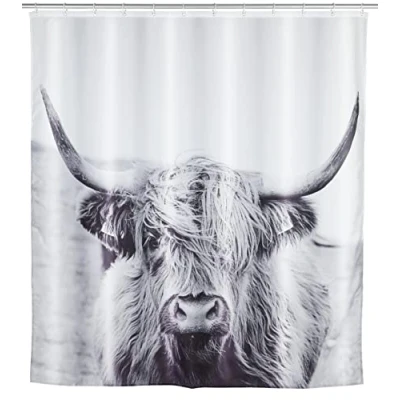 Imagen de WENKO cortina de ducha «Yak», textil higiénica, lavable, impermeable y fácil limpiar, con 12 anillos para fijar a la barra ducha, 180 x 200 cm, blanco/negro