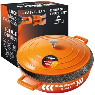 Imagen de STONELINE Cazuela 28 cm Aluminio Fundido Tapa Cacerola Baja Cocotte Olla Inducción Revestimiento Antiadherente con Partículas de Piedra Reales, Todo Tipo Cocinas, Cocinar Sin Grasa, Color Naranja