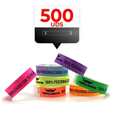 Imagen de Pack 500 Pulseras TYVEK 19mm personalizadas a 1 color tinta negra. Amarillo Neon