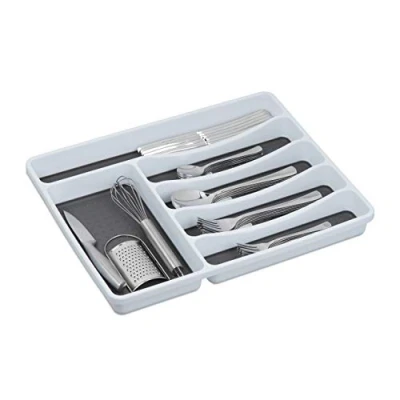 Imagen de Relaxdays 2 Cuberteros Cajón Plástico, Separador Cajones, Organizador Cubiertos Cocina, 4,5 x 33 40 cm, Blanco y Gris