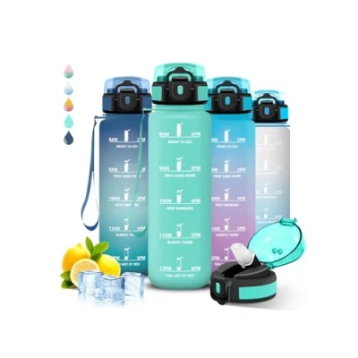 Imagen de Botella Agua 1 litro Gimnasio, A Prueba de Fugas, Cantimplora con Pajita, Reutilizable, Water Bottle Cierre Seguridad, para la Escuela, Fitness, Oficina, Acampada, Deportes, Yoga