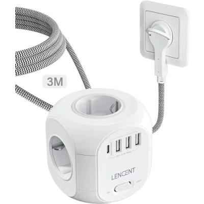 Imagen de LENCENT Cubo Regleta Enchufes 3M con Enchufe Plano para Uso Interior, 4 Tomas de CA, 3 USB y 1 Tipo C Familia, Cocina Oficina