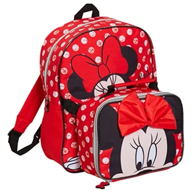 Imagen de Disney Mochila de Minnie Mouse con bolsa almuerzo para niñas, escolar, 2 piezas a juego aislamiento, Red, Talla única,