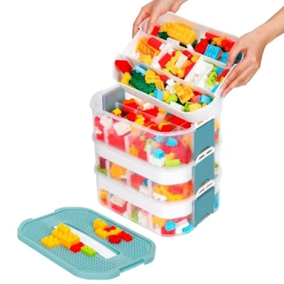 Imagen de Caja Almacenaje Plastico para Lego Bloques Construccion Niños Cajas Juguetes Organizador Cajones Apilables Caixas Almacenamiento 3 Capas Transparente con Tapa Compartimentos Asa