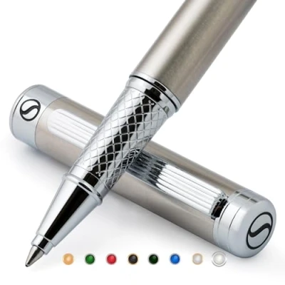 Imagen de Scriveiner Bolígrafo Rollerball de Acero Inoxidable Impresionante Boli Metálico con Acabado Cromado Plateado, Recarga Tinta Schmidt, Lujoso Set Regalo Roller para Hombre y Mujer
