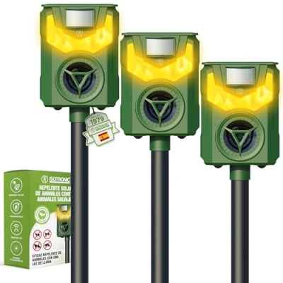 Imagen de ISOTRONIC Repelente solar de animales con frecuencia + luz llama contra salvajes como mapaches, ciervos, zorros, jabalíes, etc. eficaz (1) (3)