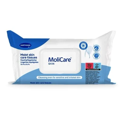 Imagen de MoliCare Toallitas hidratantes para la piel: limpieza de piel con pH neutro que está expuesta a riesgos daños en piel, como seca, envejecida o incontinencia, 50 unidades