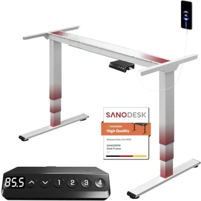 Imagen de SANODESK EC4 Escritorio Elevable Mesa de Pie Regulable en Altura con 2 Motores Función Anticolisión Bloqueo 4 Botones Memoria(Altura 60 125CM/Telescópico 110 168CM/Carga 100KG) Blanco