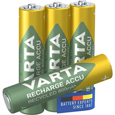 Imagen de VARTA Pilas AAA, recargables, paquete de 4, Recharge Accu Recycled, batería recargable, 800 mAh Ni MH, fabricadas con un 21% materiales reciclados, precargadas, listas para usar