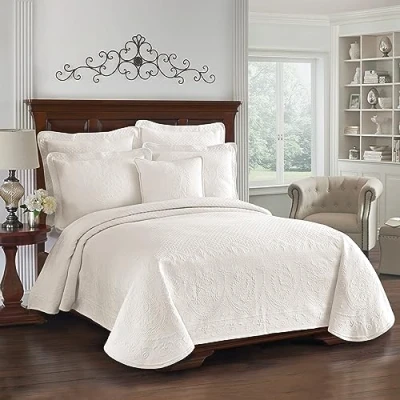 Imagen de Historic Charleston Rey Carlos Colcha Moderna de Matelasse Floral Granja, Algodón, Crema, Matrimonio