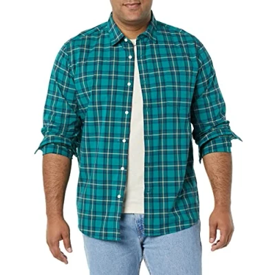 Imagen de Amazon Essentials Camisa en Popelina Elástica de Manga Larga y Corte Regular Hombre, Dorado Verde A Cuadros, XS