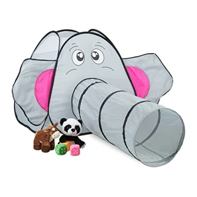 Imagen de Relaxdays Tienda Campaña Infantil, Elefante, Túnel Pop Up Gateo, Unisex, Interior y Exterior, 92 x 155 200 cm, Gris, Poliéster