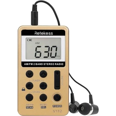 Imagen de Retekess V112 Radio Portátil Pequeña, Mini Digital de Bolsillo, Transistores Am FM,USB Recargable, Temporizador, Auriculares,Sueño,Adecuado para Correr,Viajar,Pescar(Oro)
