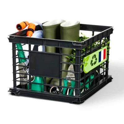 Imagen de Iris Ohyama, Caja de Almacenamiento Plástico, Negro, con Cuatro Asas Integradas, Apilable, Duradera, para Vinilos, Suministros oficina, Toallas y Libros, sin BPA, Almacenamiento, SC LL