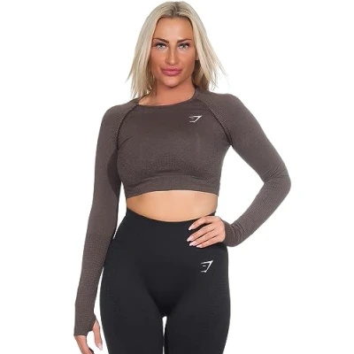 Imagen de GYMSHARK Vital Seamless 2.0 Camiseta de manga larga para mujer, Marrón Oscuro Jaspeado, M