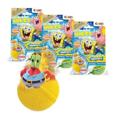 Imagen de INKEE Bob Esponja Pack de 3 Bombas baño infantiles con sorpresa 6 figuras para coleccionar 3x bolas 80g sabor a chicle y aceite jojoba, turquesa o amarillo