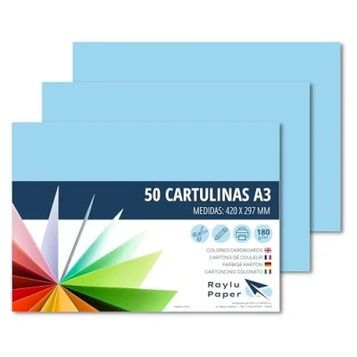 Imagen de Raylu Paper® Cartulinas A3 50 Unidades, 180g/m², 420 x 297 mm. de colores con tacto suave, perfectas para encuadernación, oficina, dibujo y manualidades. (Azul celeste)