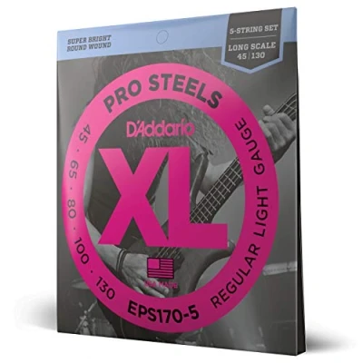 Imagen de D&#039;Addario EPS170 5 XL ProSteels Regular Ligero (.045 .130) String Electric Bass Guitar Strings, Escala larga