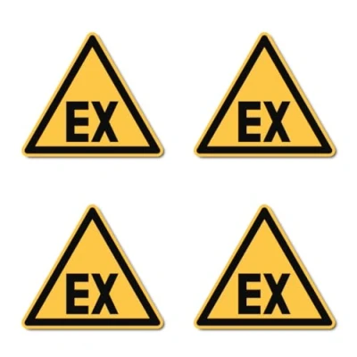 Imagen de Advertencia de ambiente explosivo: D W021 DIN EN ISO 7010 / ASR A1.3 pegatina: diámetro 7,5 cm, 4 unidades.