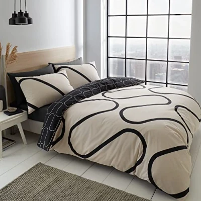 Imagen de Catherine Lansfield Linear Curve Juego de Funda edredón Reversible con Almohada, diseño geométrico, Color Negro
