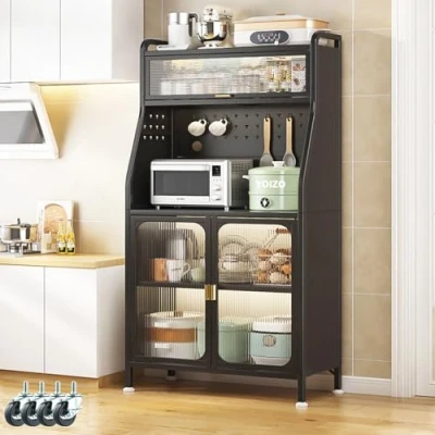 Imagen de YOIZO Mueble Auxiliar de Cocina Estantería Negro 36x86x162cm con Puertas y Estantes, 5 Niveles Estanteria 4 Patas Ajustables Ruedas Giratorias Negro, (86cm)