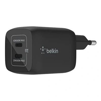 Imagen de Cargador Belkin BoostCharge Pro WCH011vfBK, Universal, de pared USB C® GaN doble con PPS 65 W, Negro