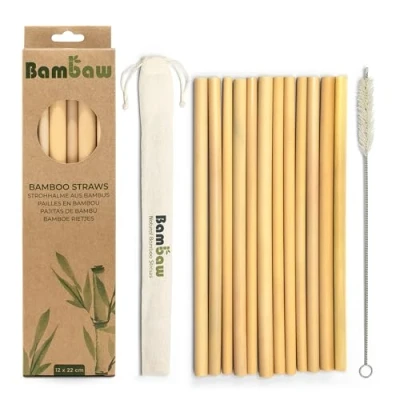 Imagen de Bambaw Pajitas Reutilizables, de Bambú, Fabricadas en Bali, Biodegradables, Cócteles, Incluye Cepillo Limpieza y una mica Bolsa Almacenaje, Pack 12 22 cm