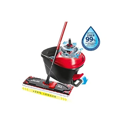 Imagen de Vileda Juego completo de mopa suelo Ultramax XL Turbo 2 en 1, extra ancha con mango, funda microfibra y cubo centrifugador eléctrico, para todos los suelos duros, limpiaparabrisas 42 cm, longitud del mango 75 a 130 cm