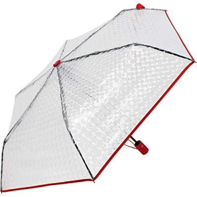 Imagen de iX brella Paraguas de bolsillo transparente con efecto lente y mango color cinta ribete, rojo, 97 cm, plegable automático