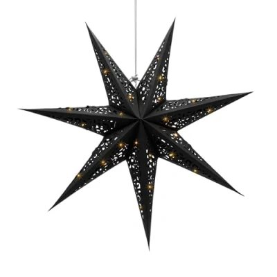 Imagen de estrella de papel LED para colgar en negro, diámetro 60 cm, iluminación decorativa Navidad, color blanco cálido, Adviento, lámpara Adviento e invierno