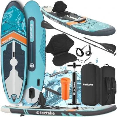 Imagen de tectake® Tabla de Paddle Surf Hinchable, Incluye Remo 2 en 1, Asiento Kayak, Bomba Aire, Mochila Transporte, Stand Up Paddle, Accesorios Surf, Padel Hinchable Naranja/Azul