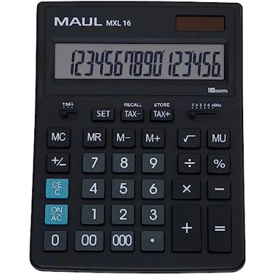 Imagen de MAUL Calculadora Comercial MXL16, Pantalla en ángulo de 16 dígitos, Incluye cálculo impuestos, Grande: 20, 5 x 15, cm, Mesa Profesional, Solar/Batería, Negro